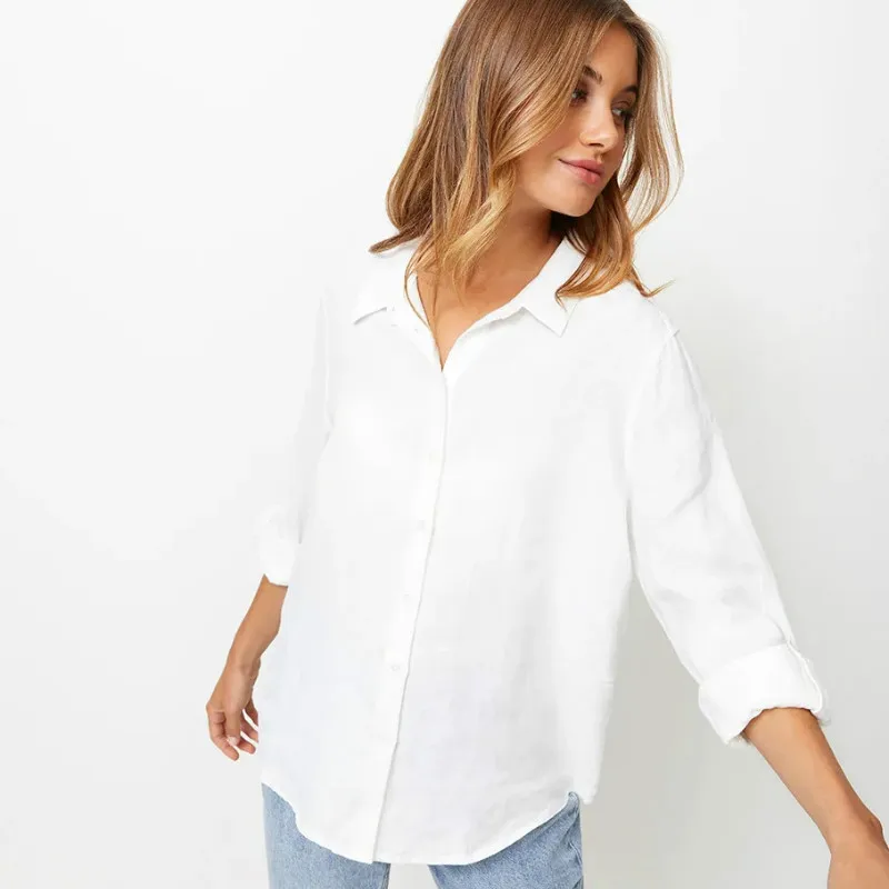 

Women Blouses 100% Cotton Shirts Turn Down Collar Rollable Long Sleeve Shirt Casual Loose Tops Office Blue Black Blusas Mujer