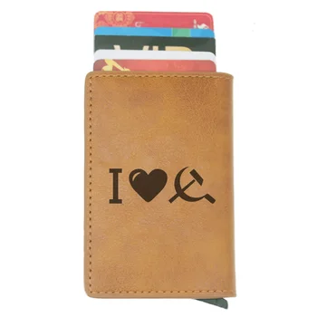

Soviet Union I Love Scythe hammer RFID Credit Card Holder Anti-Theft Automatic Wallet Card Case Men Mini Leather Male Purse