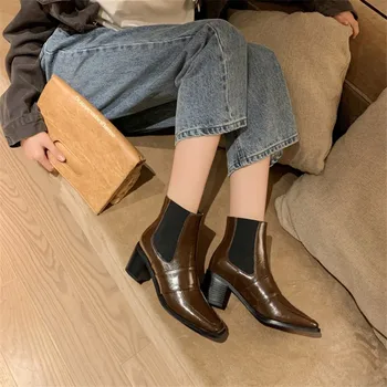 

Winter Boots Women 2020 Elastic Jumper Ankle Boots Women Boots with Square Toe Chunky Heel Genuine Leather Simple Women's Boots
