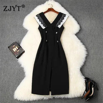 

Elegant Summer Runway Designers Women Fashion 2020 New Sleeveless Lace Patchwork V Neck Slim Sexy Party Pencil Dresses