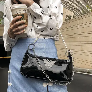 

Diamond Butterfly Women Armpit Baguette Handbags Vintage Black Ladies Shoulder Bag Leather Pearl Chain Girls Crossbody Bags