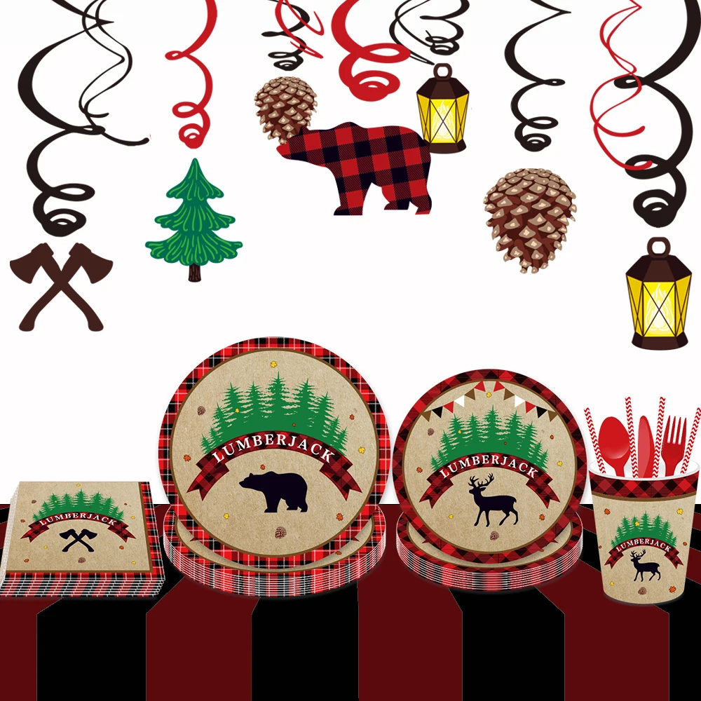 Omilut Lumberjack Birthday Party Disposable Tableware Set Lumberjack Bear Disposable Plates/Cups/Napkins Lumberjack Supplies