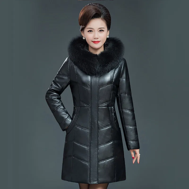 Women Leather Coat Winter 2023 New Fashion Mother Jacket Thicken Warm Long Outerwear Fur Collar Hooded Sheepskin Overcoat Female