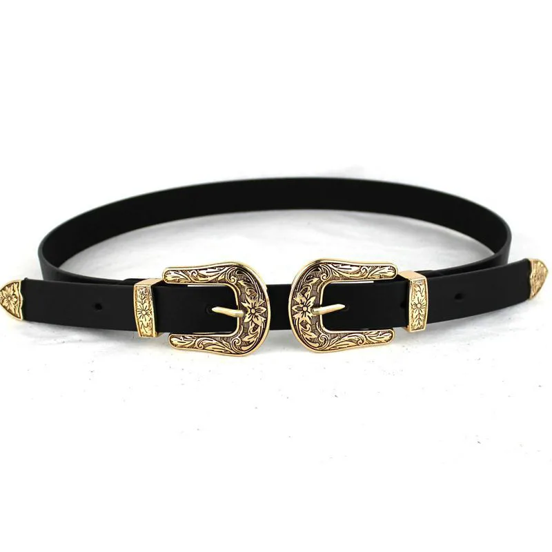 GoldBlack Модный женский кожаный пояс с двойной металлической пряжкой высокого качества для женщин Женский пояс из кожи - Цвет: GoldBlack