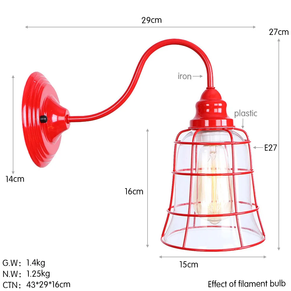 RH стиль античный красный бра железные настенные лампы стекло промышленного Эдисона светодиодный настенный Лофт-светильник Декор РЕСТОРАН прикроватный дом освещение