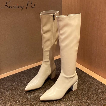 

Krazing pot microfiber pointed toe thick heels zipper keep warm winter shoes thigh high boots pleated soft knee high boots L07