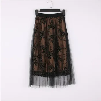 

Runway Flower Appliques Vintage High Waist Skirts Womens Bottoms Mesh Patchwork Summer Skirt A-Line Female Sexy Midi Skirt Beach