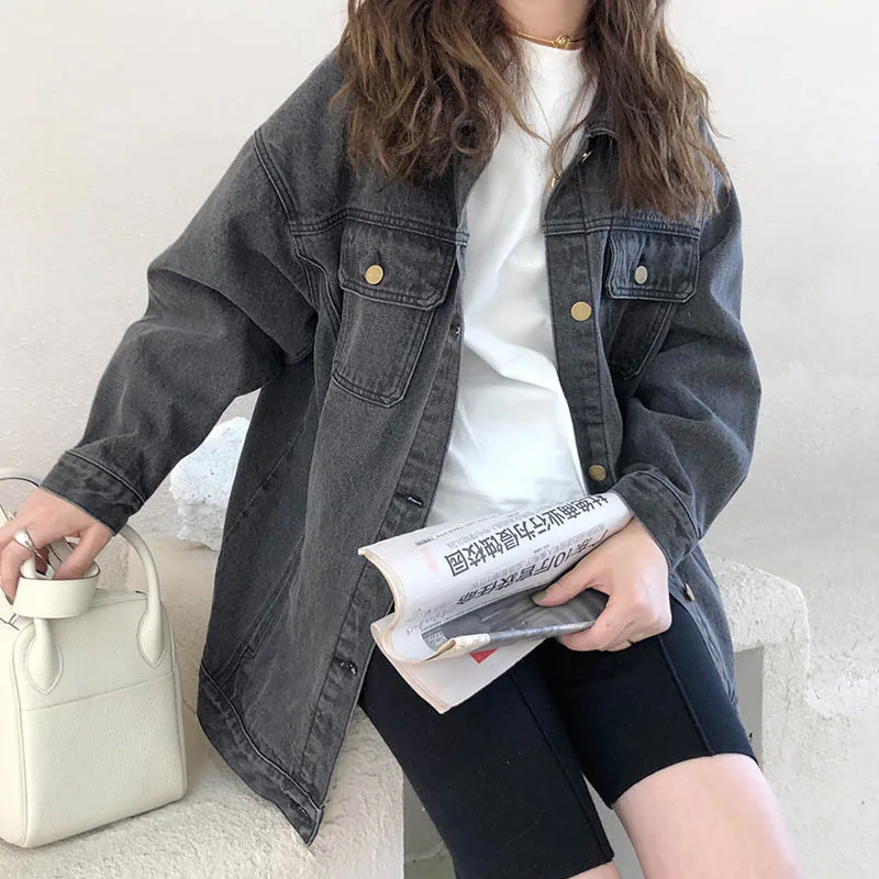 

Oni Homemade Jeans Coat Women's 2019 Autumn New Style Korean-style Solid Color Loose Retro Versatile Jeans Coat Women's