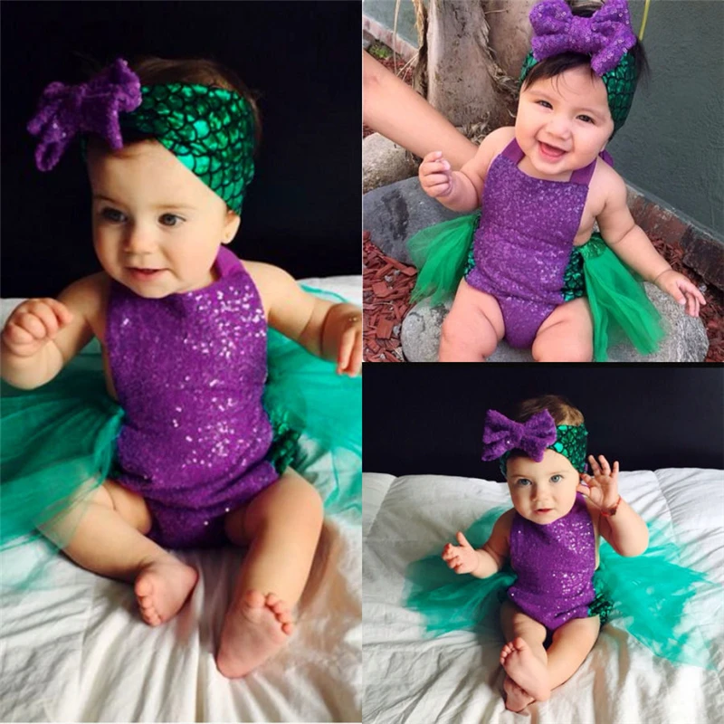 Baby Girls Summer Clothes Set Sleeveless Lace-up Mermaid Romper with Tulle Tutu Skirt + Headband 2Pcs Casual Beach Outfits Baby Clothing Set near me