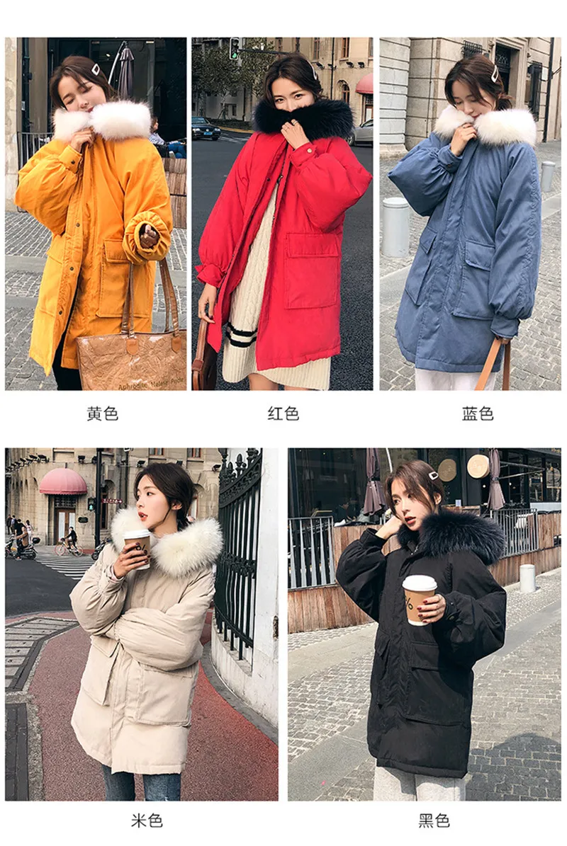 Hooded Fur Collar Fashion Winter Women Jacket Loose Cotton-Padded Coat Medium-Long Female Snow Wear With Large Pockets M075
