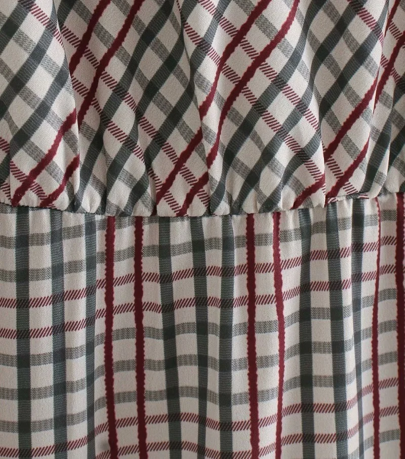 Za Summer Plaid Midi Dress Women O-neck Draped Dresses Long Sleeve Gathered Waist Lady Fashion Office Dress Back Buttons and Zip