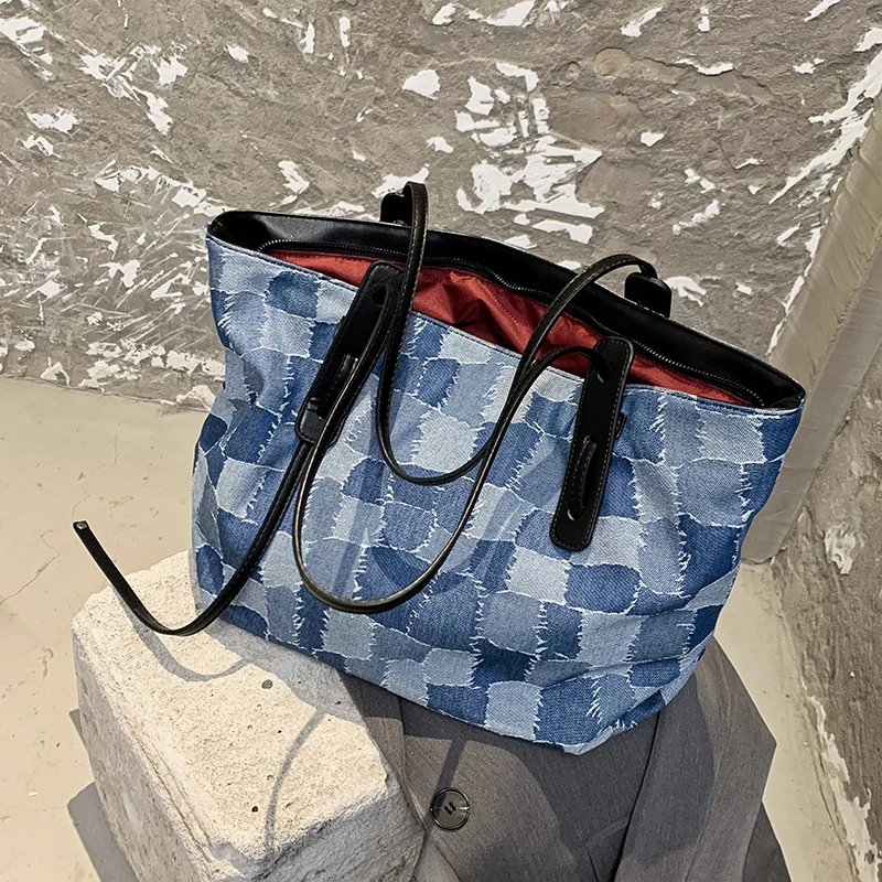 Большая Сумка-тоут в клетку модная новинка 2020 Высококачественная джинсовая