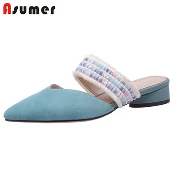 

ASUMER 2020 top quality 3cm square heel casual shoes women slipper suede leather pointed toe comfortable summer slipper ladies