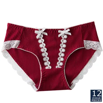 

12 pcs/lot wholesale manufacturers women underwear breathable briefs cotton solid color cute bow TWY 1947