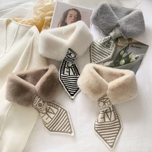 

Luna&Dolphin Korean Furry Bib Women Fashion Letter Printed Woolen Faux Rabbit Fur Imitation Cross Plush Warm Girls Winter Scarf