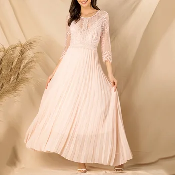 

Evening Dresses 2020 Long Lace Pink Elegant Pleated Hollow Patchwork Three-Quarter Sleeve Sweet Evening Party Dress Women