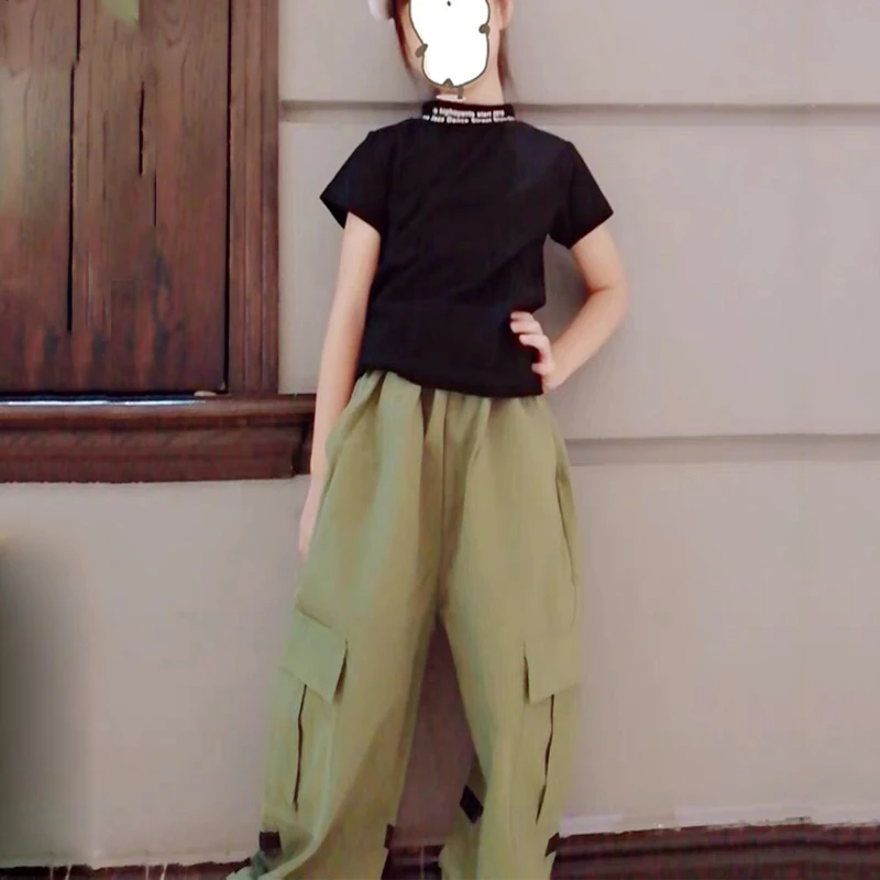 Children Jazz Dance Costumes Kids Black Tops Green Pants Outfit Hip Hop Clothing For Girls Street Dance Performance Wear SL1972