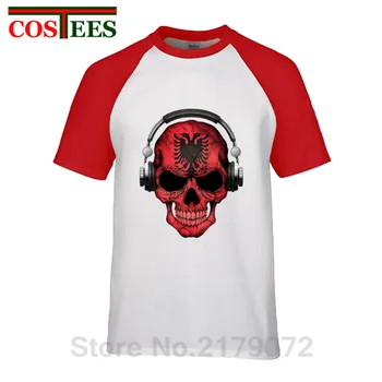 

Creative Design Black Double Eagles Tee Retro Dark Skull Deejay with Albanian Flag T shirt men Vintage Albanian Skull DJ T-shirt