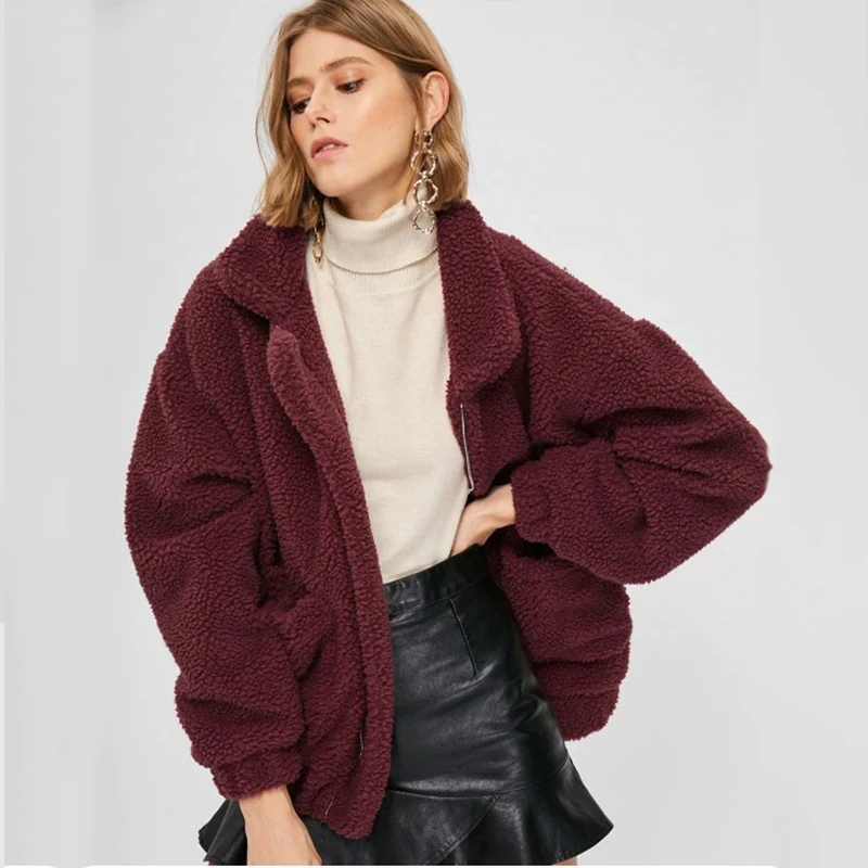 buy Women Loose Casual Plush Coat Solid Color Zip Pocket Jacket Female Short Lapels Warm Jacket Female