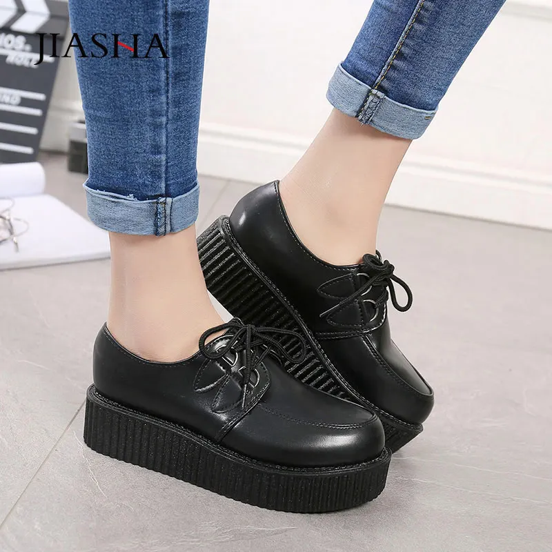 Ladies Platform Shoes Daily Casual Lace Up Thick Sole Wearable Round Toe Smooth Wearable Creepers Shoes Street Walking 