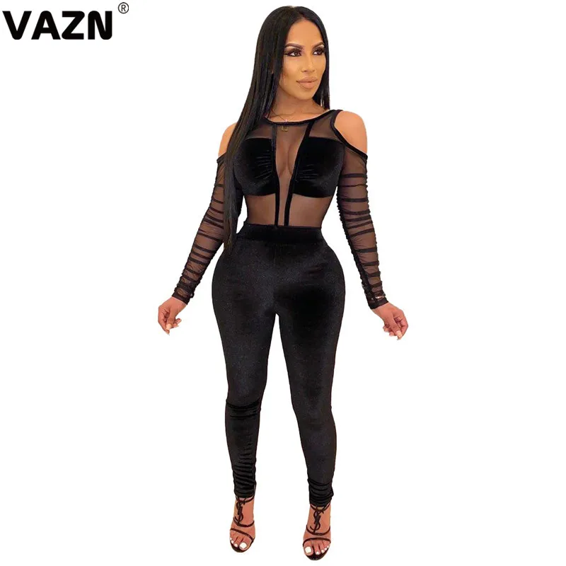 VAZN LDS3188 Новые лоскутные замшевые кружевные Необычные Сексуальные Клубные Модные женские эластичные комбинезоны с завышенной талией с длинным рукавом и открытыми плечами