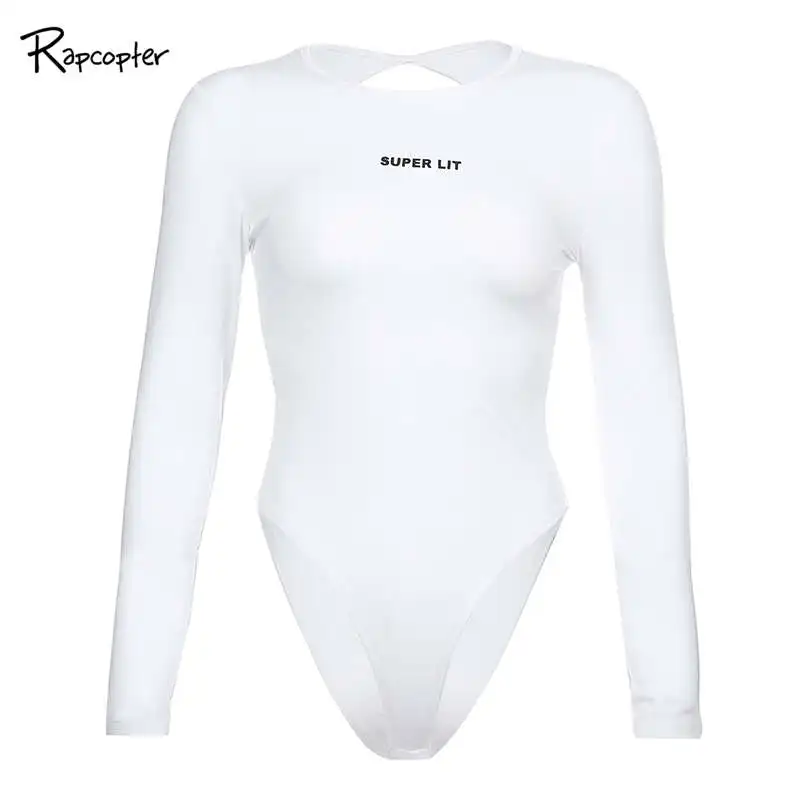 Rapcopter Basic Solid выдалбливают женские облегающие комбинезоны письмо вышивка сексуальный белый осенний боди с длинным рукавом футболки с круглым вырезом - Цвет: Белый
