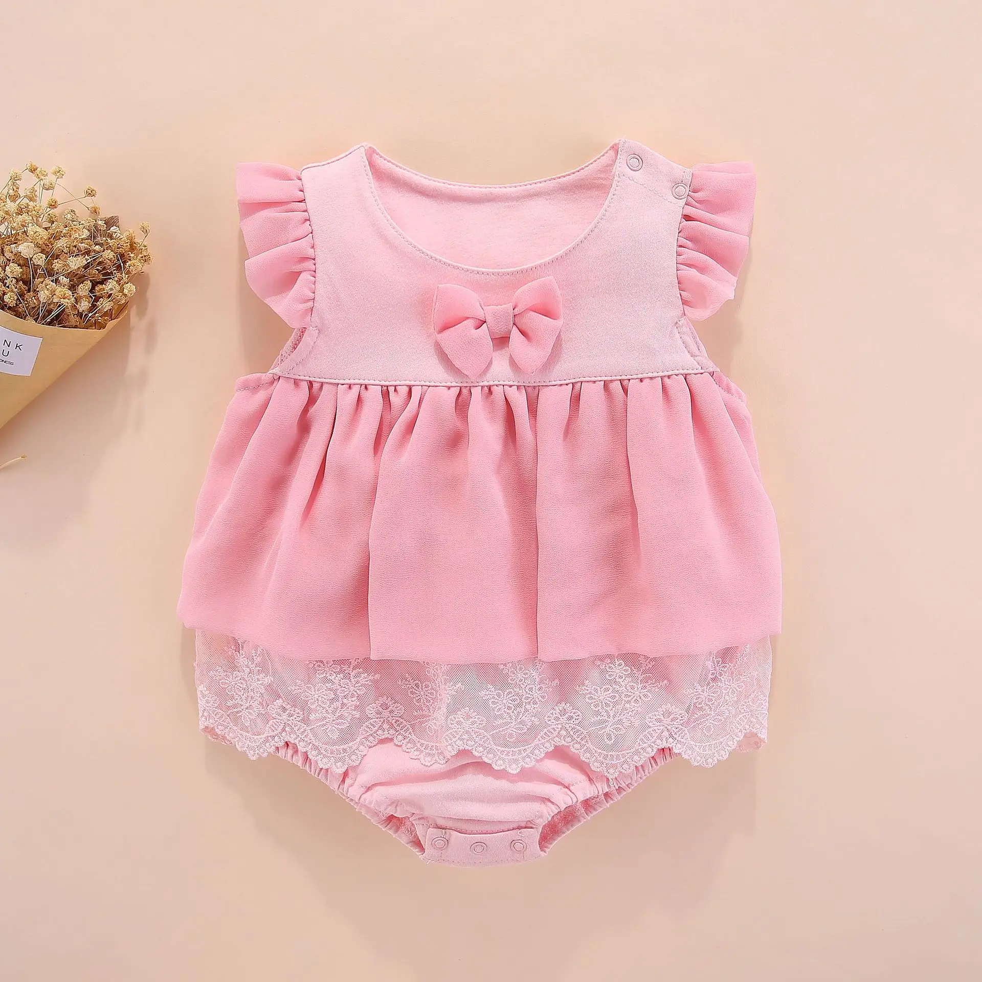

2019 Summer Wear New Style Korean-style Cotton Hidden Button Bow Design Infants One-piece Climbing Clothes 0-1-Year-Old
