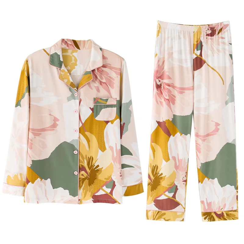 

Yellow Floral Printing Pajamas Set Women's Spring and Autumn Cotton Long-Sleeved Thin Loose and Plus-sized Two Piece Home Suit