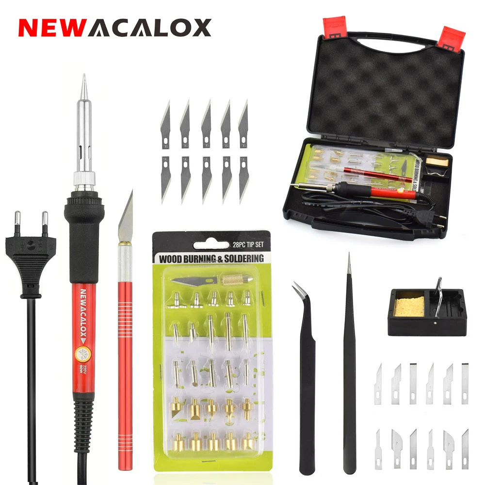 NEWACALOX 60W EU/US Temp Регулируемый паяльник для сжигания дерева набор пирографии