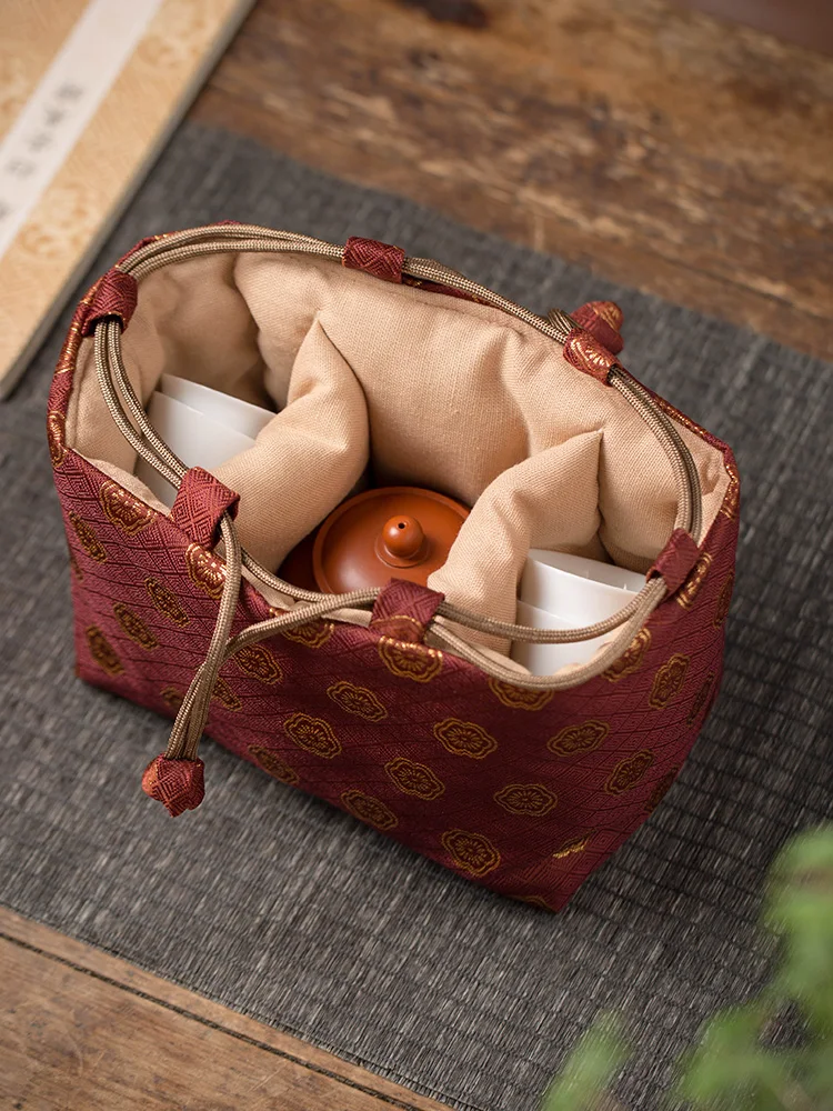 Chinese Style Traditional Retro Yunjin One Pot Two Cups Portable Storage Bag Travel Teapot Teacup Storage Bag Tea Tools LB444