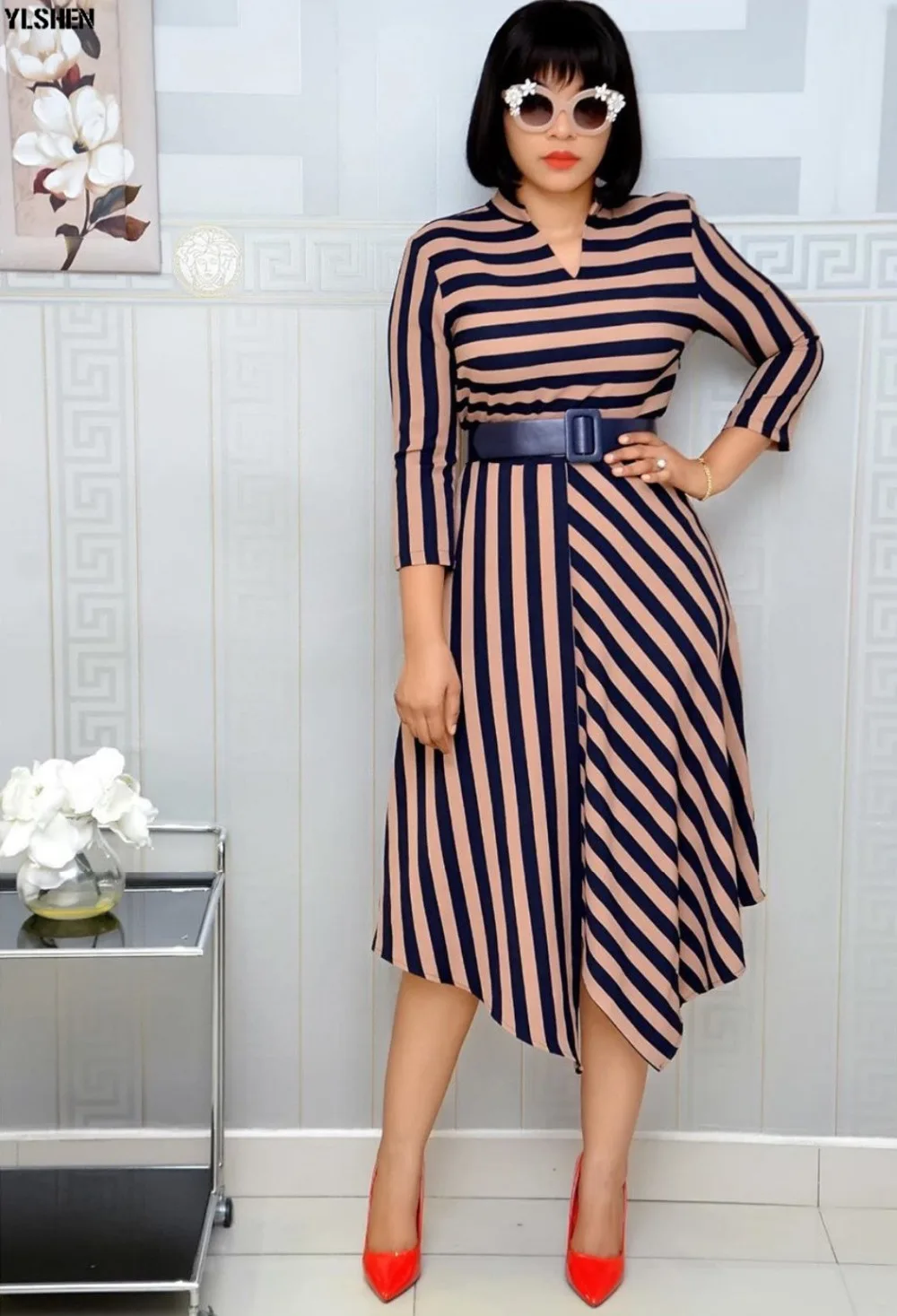 African Dresses For Women Stripe Africa Clothing Ankara Long Dress High Quality Length Fashion African Dress For Lady With Belt 30