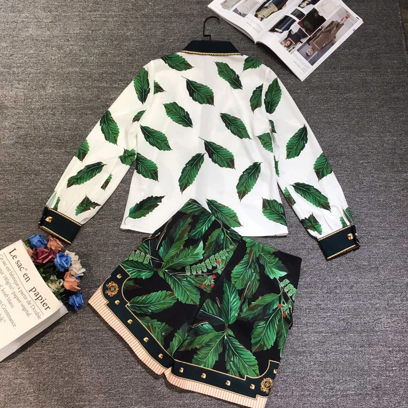 Fashion Summer Runway 2 Piece Sets For Women Turn Down Collar Green Leaf Print Blouse And Shorts Suit Office Lady Outfits co ord sets women