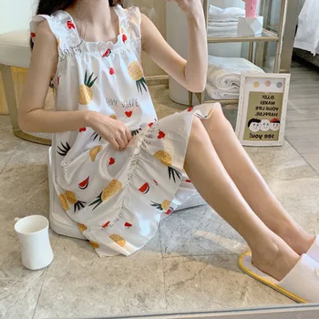 

White Print Women Nightgown Satin Nightdress Summer Sleeveless Sleepwear Female Casual Nightwear Loose Home Dressing Gown