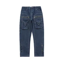 Vibe Style pantalones vaqueros con múltiples bolsillos y cremallera para hombre, Jeans rectos de estilo Hip Hop, informales, elegantes, Cargo, 2021