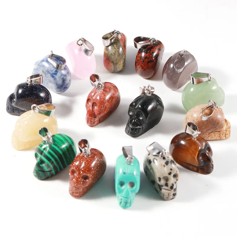 Natural Crystal Stone Skull Pendants Opal Rose Quartz Tiger's Eye Pendant Charms For Diy Earrings Necklace Jewelry Making