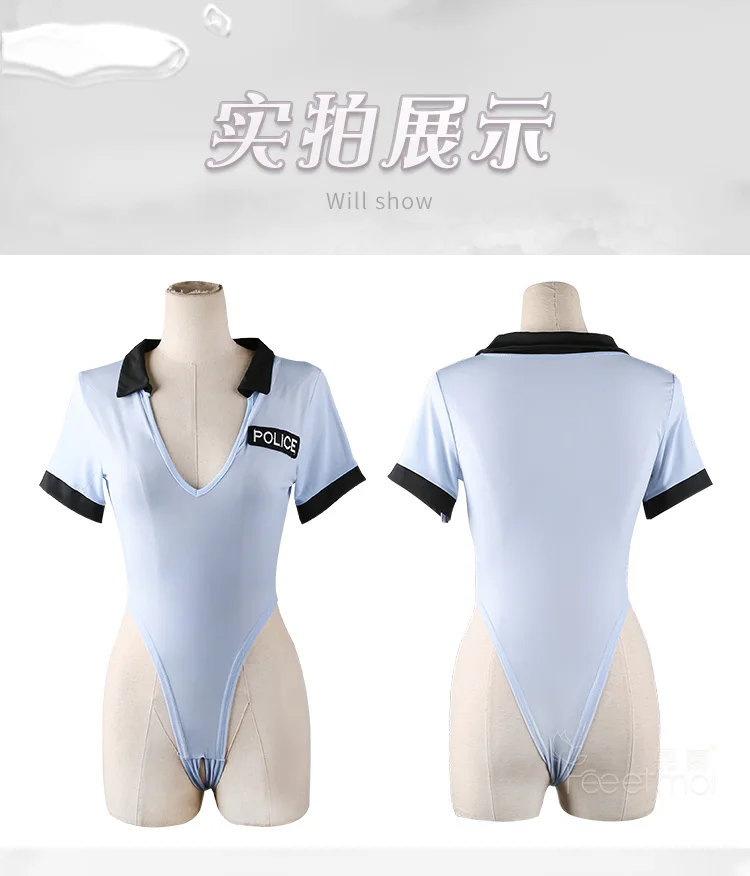 Deep V See Through Bodysuit Halloween Porn Party Cosplay Police Playsuits Sexy Cop Adult sexual Fantasy Role Play Police Costume blue bodysuit