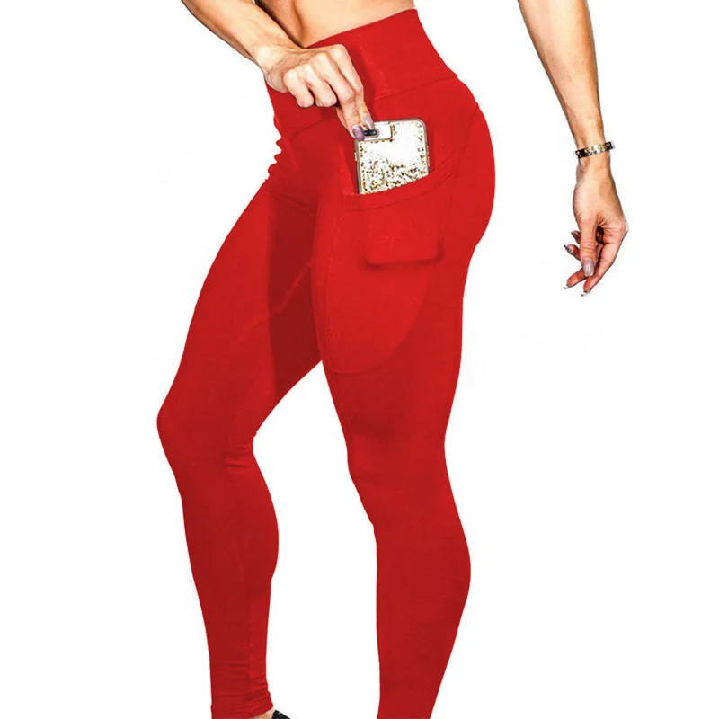 Женские леггинсы для фитнеса, пуш-ап, высокая талия, эластичные леггинсы для тренировок, штаны для спортзала, модные женские серые леггинсы с карманами размера плюс, Femme - Цвет: Red