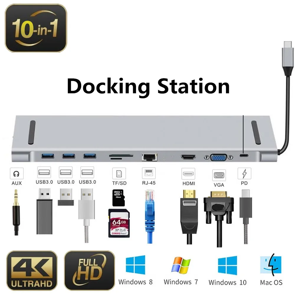 10 в 1 концентратор USB 3,1 C 4K док-станция type C HDMI RJ45 Gigabit Lan PD источник питания thunderbolt 3 Для iMac air surface book