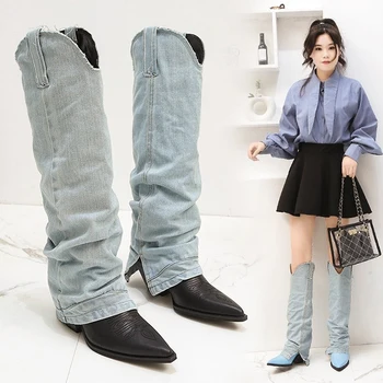 

Women Long Boots Western Cowboy Denim Shoes Block High Heel Retro Knee High Boots Pointed Toe Catwalk Knight Booties 2020