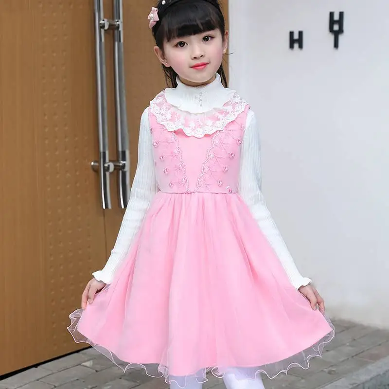 Spring Autumn New Children Girl Warm Wool Coat+ Vest Dress Sets Kids Girls Faux Fur Collar Wool Blends Coats Clothing W264