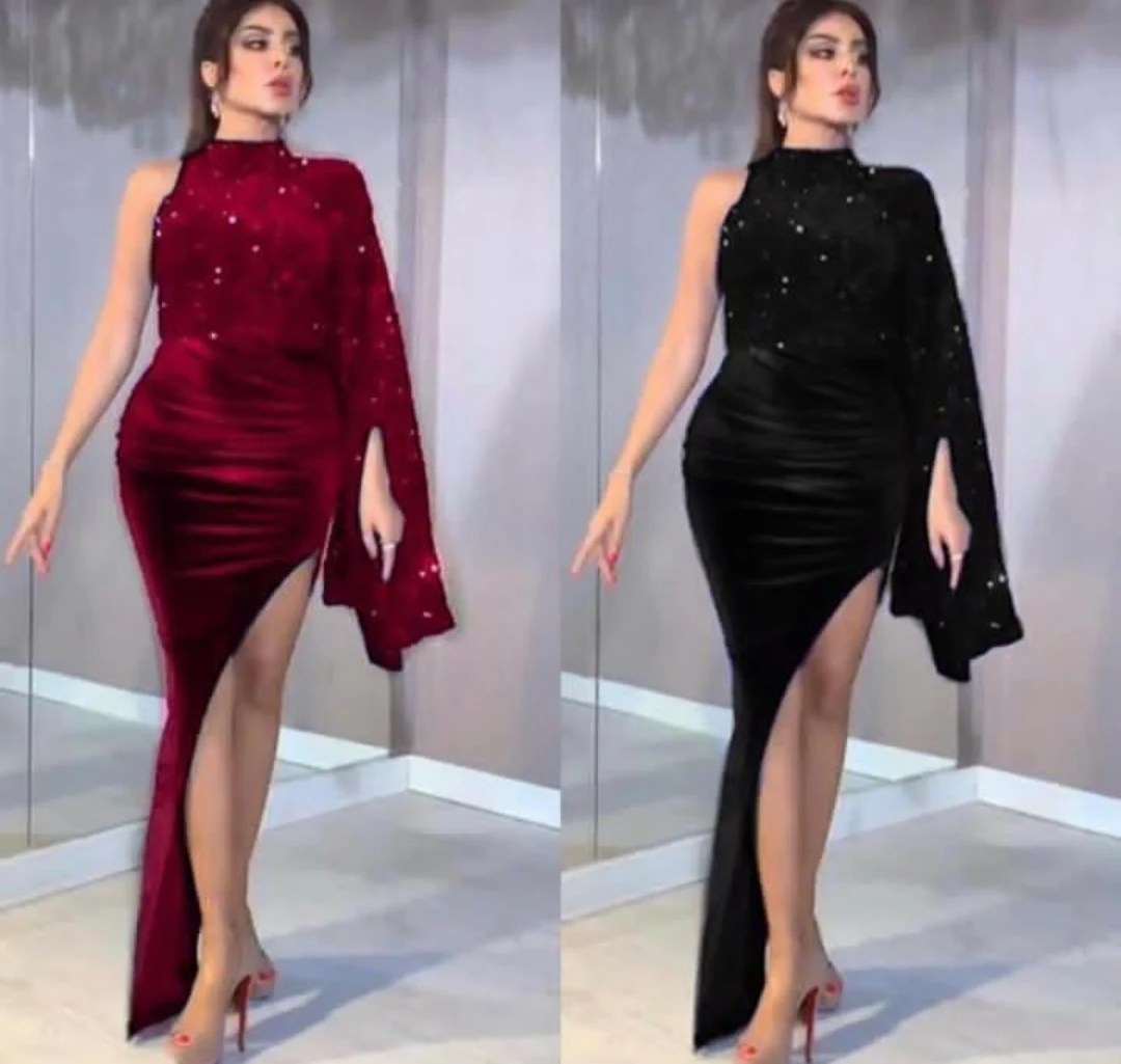 

Elegant Long Black Mermaid Sequined Evening Dresses Side Slit Zipper Back High Neck Abendkleider Formal Party Gown for Women