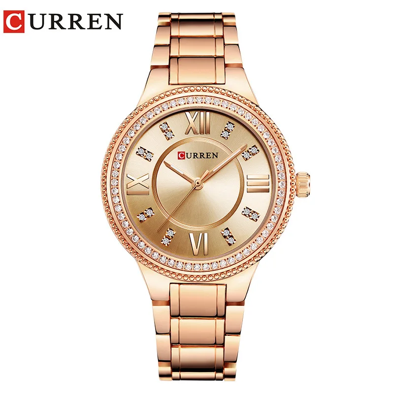 

CURREN Genuine Women's Watch Business Luxury Waterproof Steel Band Quartz Watch Fashion Big Dial With Rhinestone Gift Box