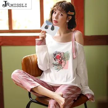 

JRMISSLI New Cotton Pajama Set Women Quality Sleepwear Plaid Home Wear Pijama Loose Clothing Pyjama Home Suit Plus Size
