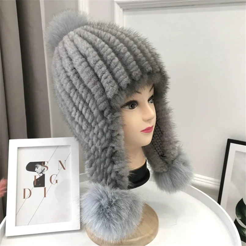 

Fashion Winter Hats for Women Real Mink Fur Knitted Warm Caps with Ear Flap New Gray Russian Headwear B23