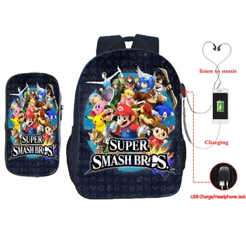 

2pcs Set Super Mario Smash Bros Children School Bags Sonic Kirby Backpack Kids School Boys Girls Mochila with Pen Box
