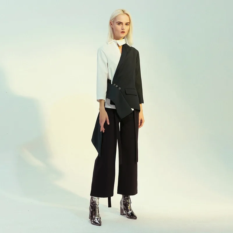 New Retro Modern Fashion Slim Personality Asymmetric Stitching Color Matching Small Suit Temperament British Coat Female