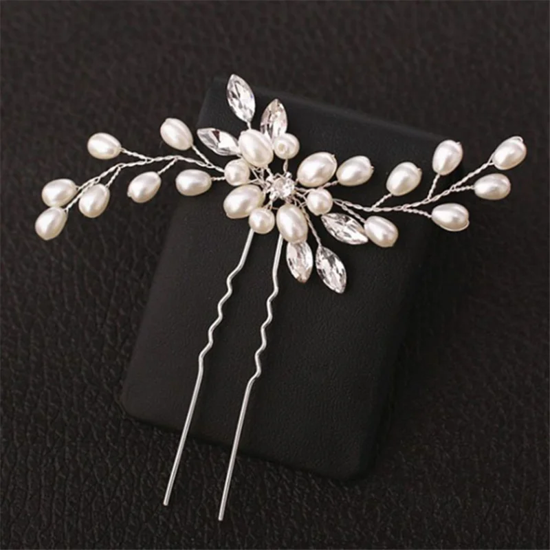 Elegant Brides Wedding Crystal Pearl Flower Hair Pins Charm Handmade Stick Headpiece Bridal Pin Clip Accessories |