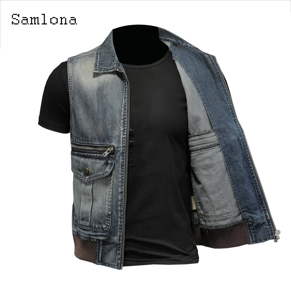 Samlona Mens Fashion Leisure Demin Vest Spliced Retro Jean Outerwear 2022 European and American style Autumn Zip up Deim Jackets