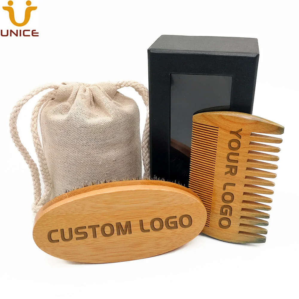 

Custom LOGO 100 Sets Beard Kits - Bamboo Boar Bristle Brush and Fine & Coarse Teeth Green Sandalwood Comb in Gift Box & Bag