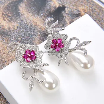 

GuaiGuai Jewelry Teardrop White Sea Shell Pearl red Cz Pave Flower Stud Earrings